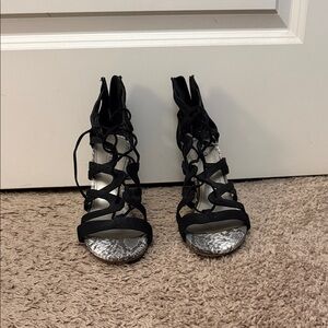 a.n.a Black Strappy Heels with Silver Accents